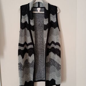Chicos Long Line   Sleeveless Cardigan Sweater Vest Black Gray Boho Layer Medium